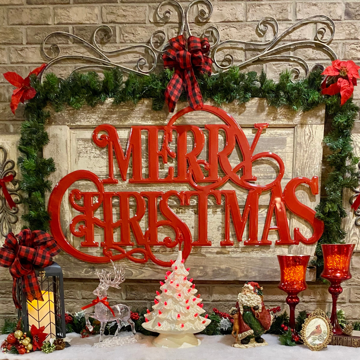 Merry Christmas sign with a festive decorated sideboard