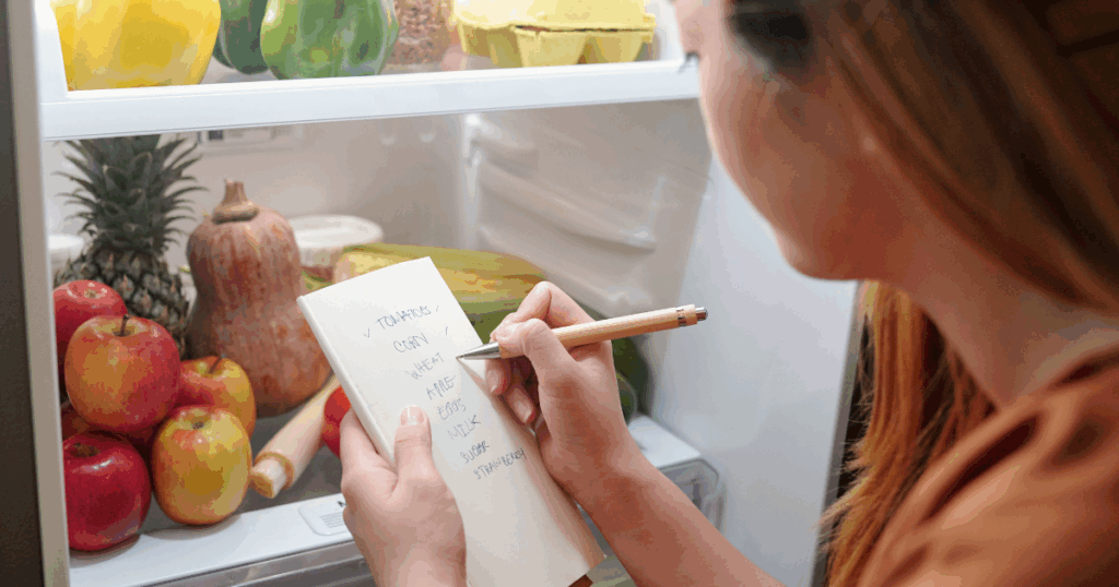 Woman checking fridge while writing a grocery list to save money