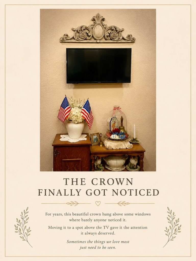 Decorative vintage crown repurposed from another room to become a focal point above the television.
