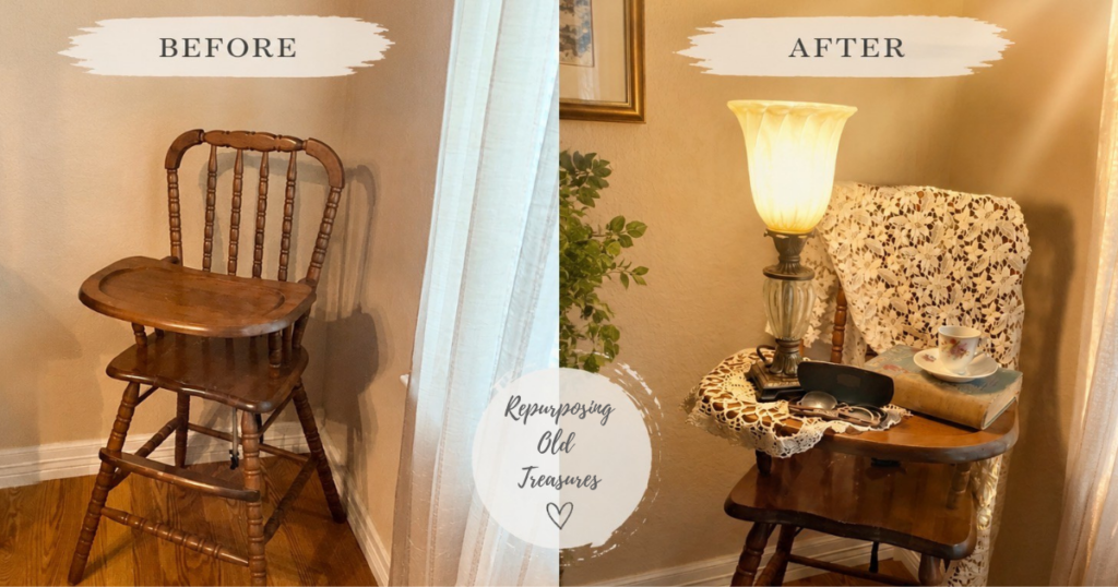 Vintage Jenny Lind high chair repurposed into decorative home decor as part of secondhand homemaking.
