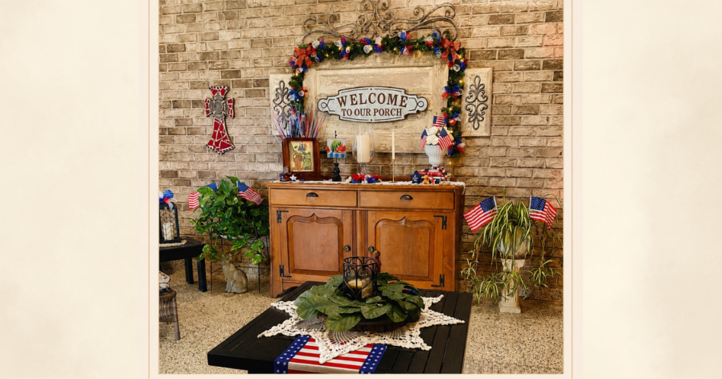 Patriotic buffet decorated entirely with thrifted, inherited, and repurposed home decor.