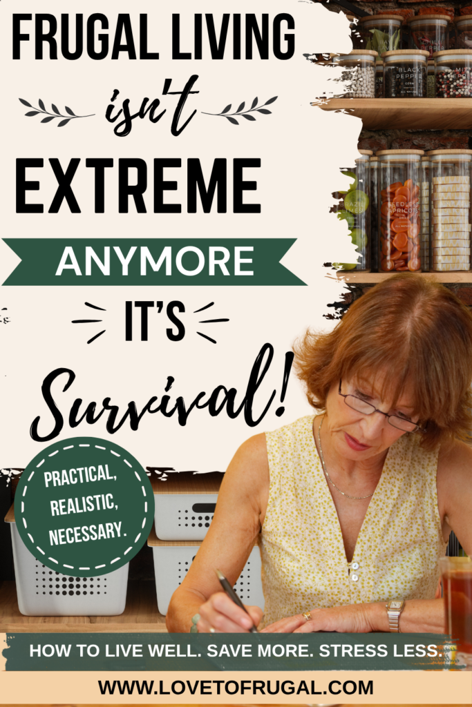 Woman budgeting at home surrounded by pantry staples. Frugal living tips for saving money in today's economy.