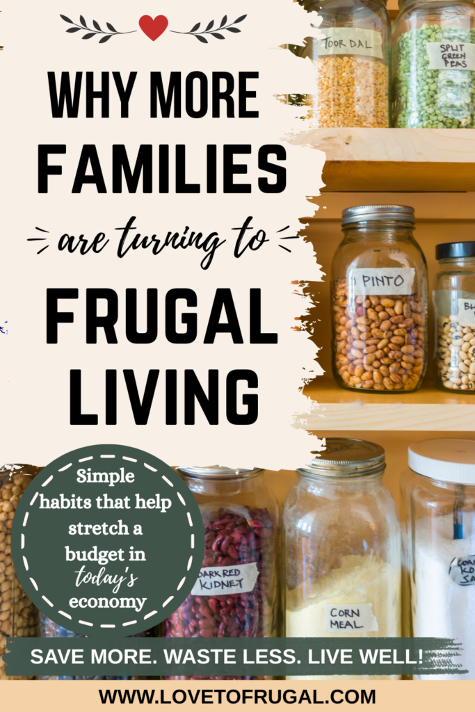 Mason jars filled with pantry staples on wooden shelves showing how old fashioned frugal living habits help families save money.