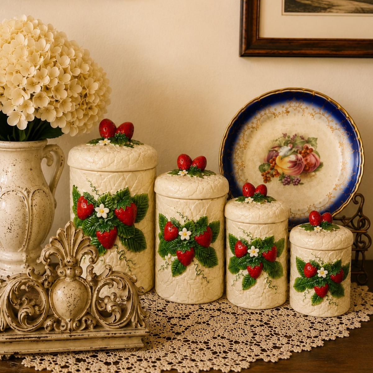 Feature image showing vintage strawberry canisters, a door crown and a vintage decorative plate