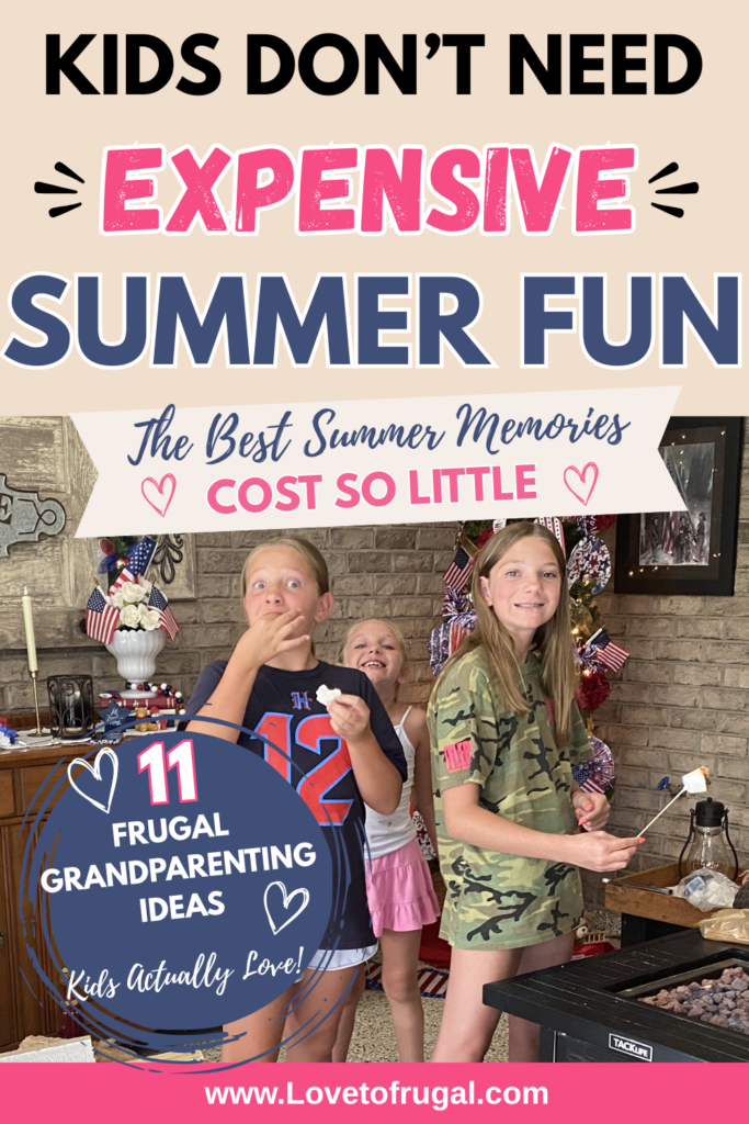 Grandchildren roasting marshmallows around a backyard fire pit. Frugal grandparenting ideas focused on simple summer memories and family connection.
