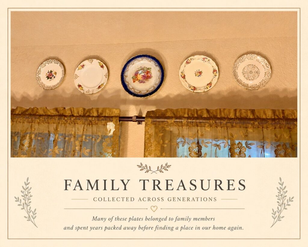 Vintage family china displayed above a window as meaningful secondhand home decor.
