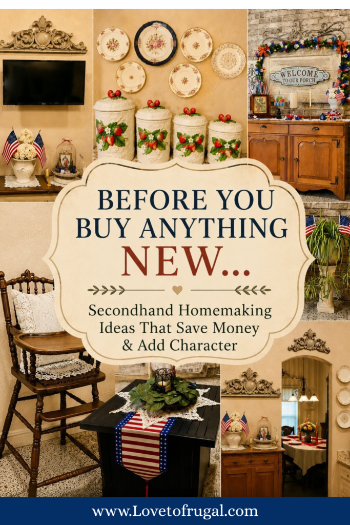 Pin with a beautiful collage featuring thrifted decor, a Jenny Lind chair, vintage plates, strawberry canisters, and patriotic home decor with the text Before You Buy Anything New. Secondhand homemaking ideas for decorating with items you already own.

