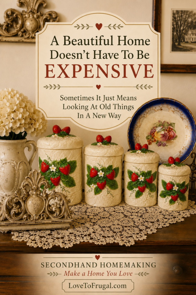 Pin with vintage strawberry canisters, antique looking decorative crown, and heirloom blue plate styled together with the text A Beautiful Home Doesn't Have To Be Expensive. Inspiration for secondhand homemaking and decorating on a budget.
