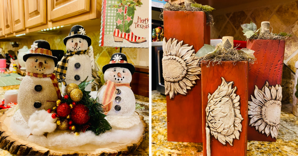 Homemade Christmas snowmen and wood pumpkins made with craft supplies already on hand