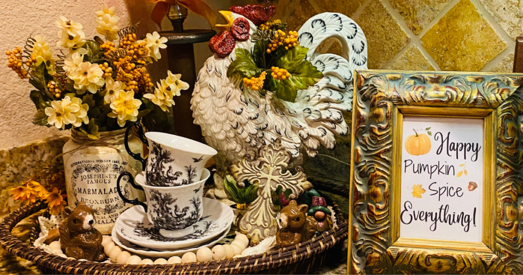 Fall kitchen vignette decorated with seasonal decor I already owned
