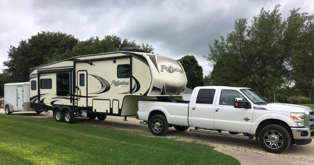 Our fifth-wheel RV and truck ready for a road trip