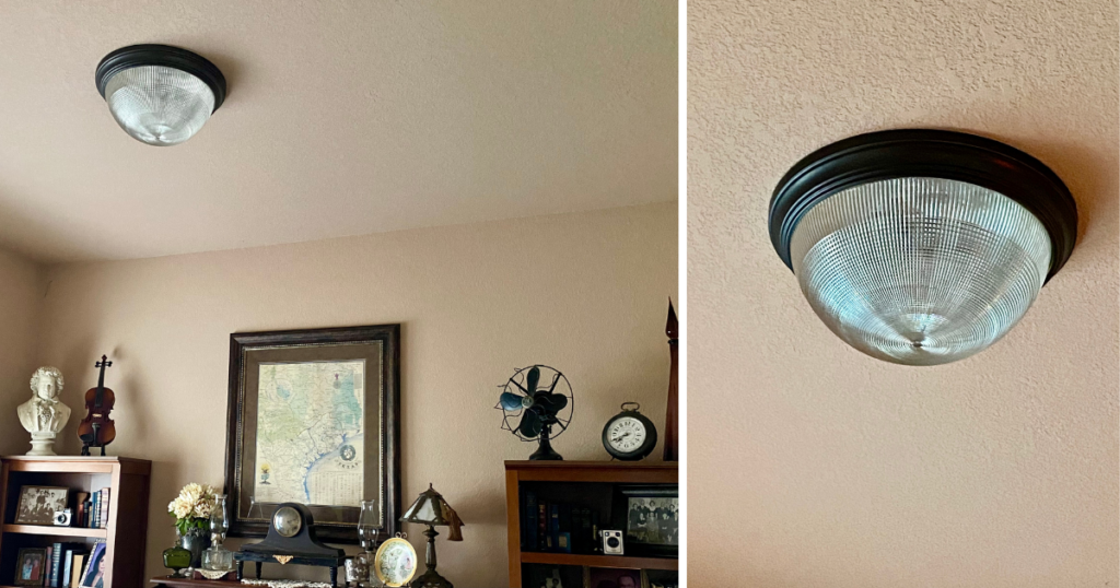 Thrifted glass ceiling light fixture showing why being frugal can pay off
